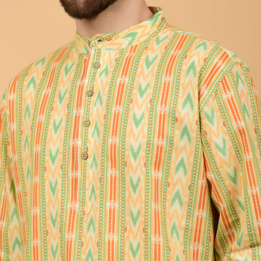 Yellow Abstract AOP Kurta ,Long Sleeve Mid Length, Band Collar,Sleeve With Cuffs, Side Pockets, Coconut Shell Buttons Relaxed Comfort Fit.Yellow Abstract AOP Kurta ,Long Sleeve Mid Length, Band Collar,Sleeve With Cuffs, Side Pockets, Coconut Shell Buttons Relaxed Comfort Fit.