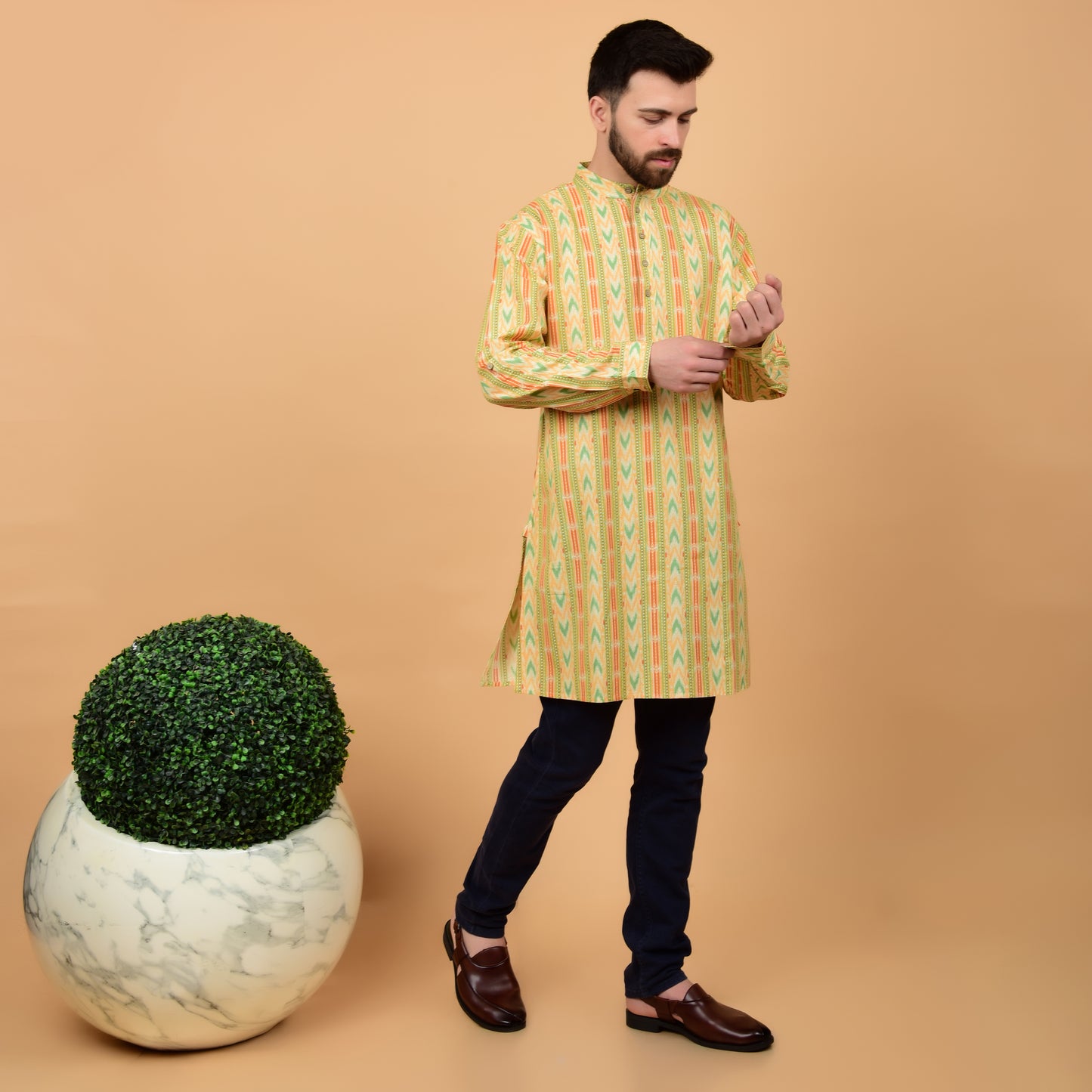 Yellow Abstract AOP Kurta ,Long Sleeve Mid Length, Band Collar,Sleeve With Cuffs, Side Pockets, Coconut Shell Buttons Relaxed Comfort Fit.