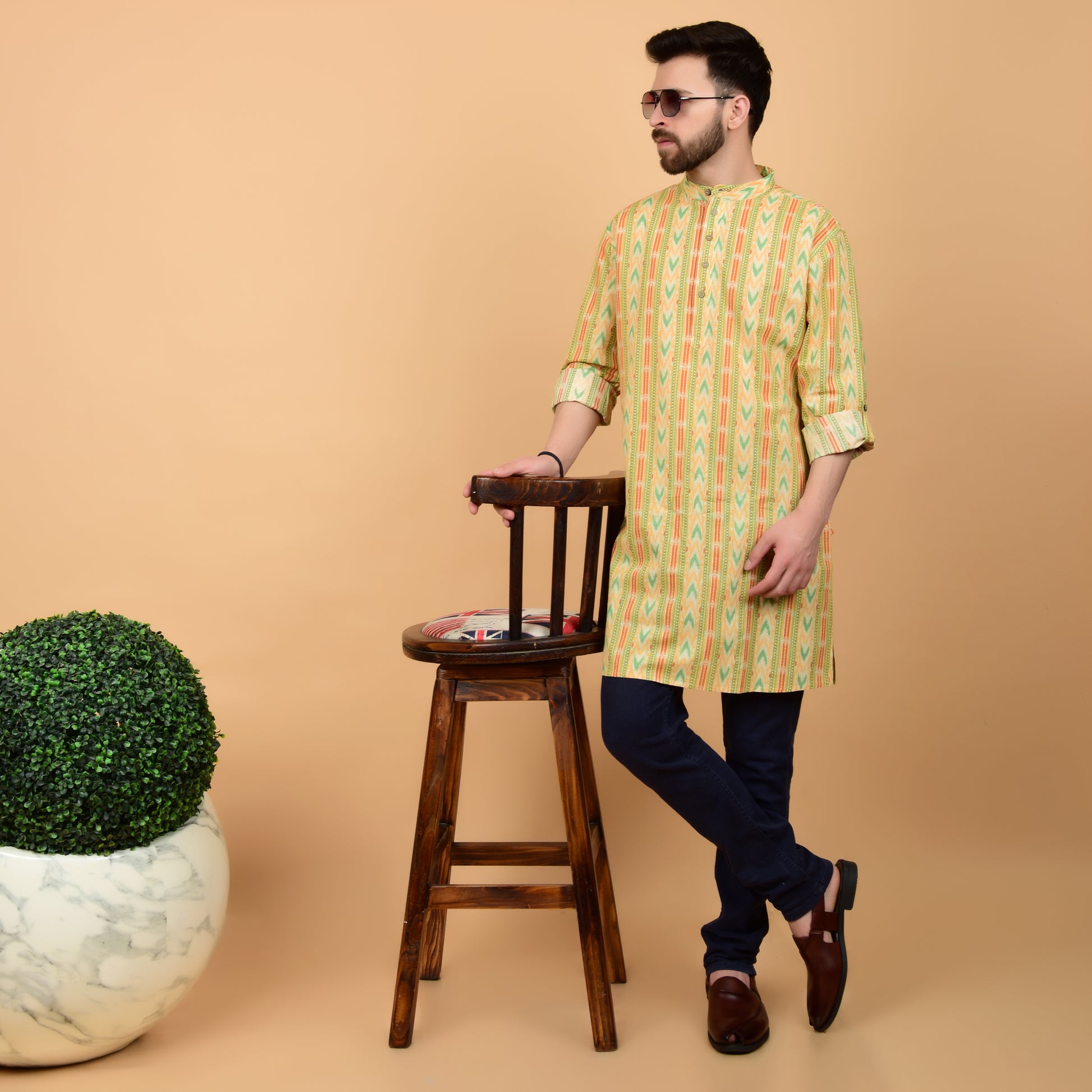 Yellow Abstract AOP Kurta ,Long Sleeve Mid Length, Band Collar,Sleeve With Cuffs, Side Pockets, Coconut Shell Buttons Relaxed Comfort Fit.